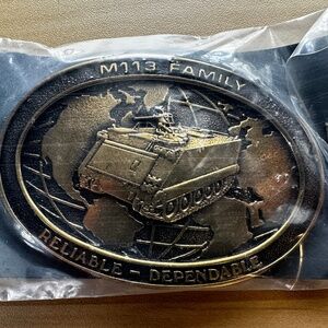 US Military M113 APC "Reliable Dependable" Brass Belt Buckle - NWOT